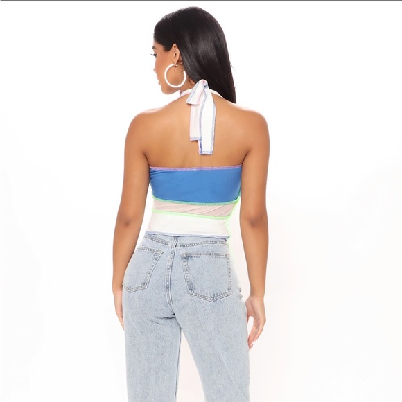 Color It In Colorblock Halter Top - Blue Green Pink Topstitching Distressed - Picture 13 of 16